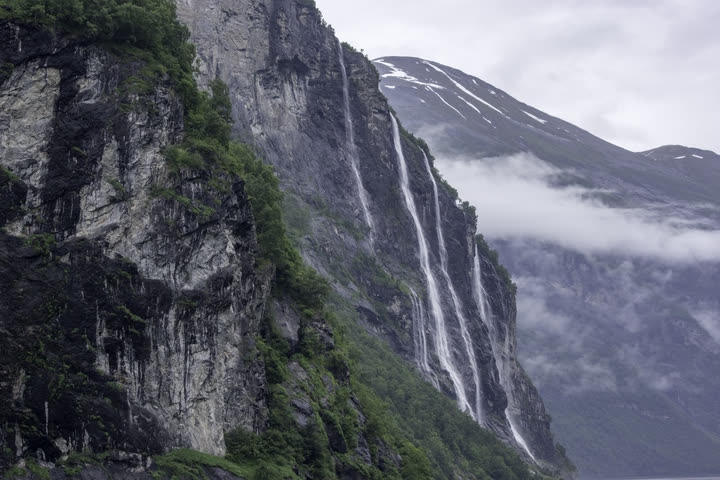 Geirangerfjord cliff waterfalls and water used for route timing decisions